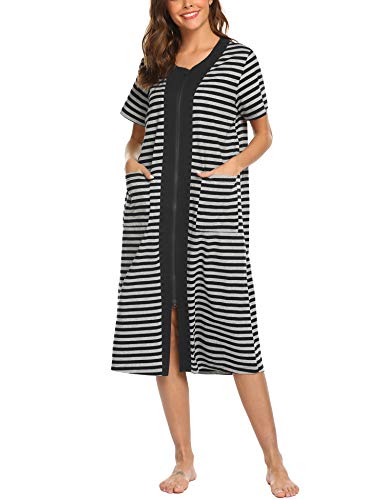 Ekouaer Women's Long Sleepwear Shirt Patchwork Short Sleeve Loungewear with Pockets S-XXL Black