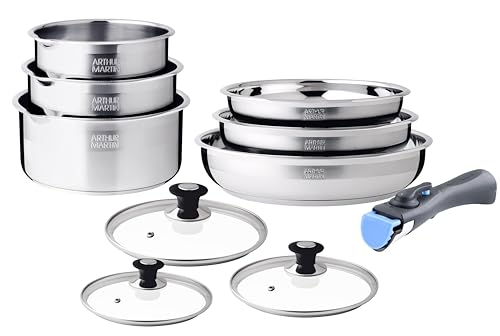 ARTHUR MARTIN - Batterie de Cuisine 10 Pièces en Inox, Casseroles Et Poêles Antiadhérentes, Couvercles, Ustensiles Inclus, Compatible Tous Feux, Poignée Amovible,...