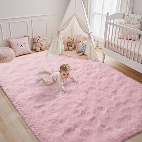 Pink Rugs for Living Room Fluffy 4x6 ft Bedroom Rug Non-Slip Area Rugs Shag Carpet for Nursery Kids PlayRoom Dorm Office Indoor Modern Plush Carpets Girls