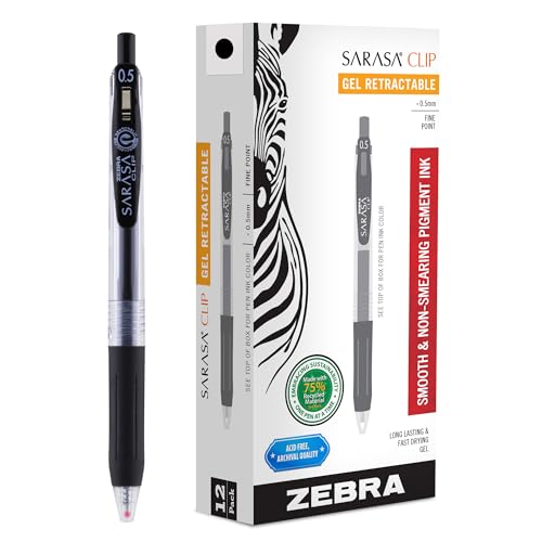 Zebra Pen Sarasa Clip Recycled Retractable Gel Pen, 0.5mm Fine Point, Black Ink, Water-Based, Ideal for Office and School, Journal, Note Taking and Planner Use, 75% Recycled, 12-Pack (47310)