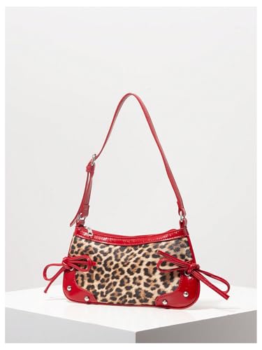Women's Y2K Leopard Print Studded Shoulder Handbag Zipper Bow Knot Punk Underarm Purses2