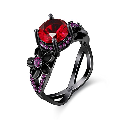 Uloveido Black Infinity Flower Promise Rings for Women with Cushion Cut Red Cubic Zirconia Stone Engagement Wedding Jewelry Y357