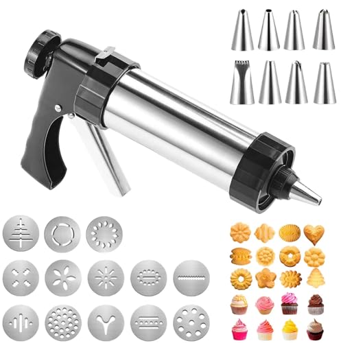 RVERPROS Prensa de pastelería de acero inoxidable, prensa de masa, prensa de galletas, prensa de galletas, prensa de masa, máquina con 13 plantillas y 8 boquillas para decorar tartas y postres