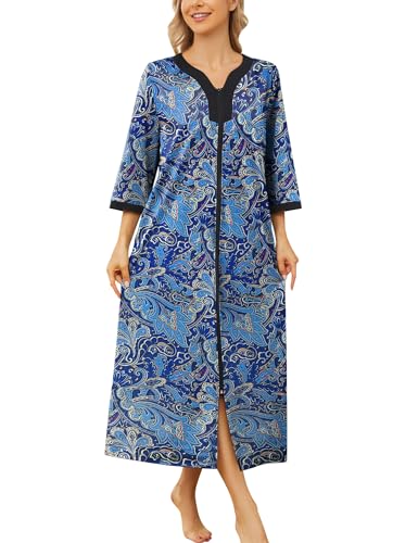 Image of Bloggerlove House Dresses for Women Zip Up Robes Soft Cotton Nightgown Half Sleeve House Coat Long Night Gowns Sleepwear