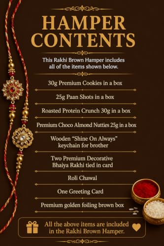 Image of NutriSnacsBox Luxury Rakhi Brown Hamper for Brother | Premium Cookies, Paan Shots, Protein Crunch & Choco Almond Nutties | 2 Decorative Bhaiya Rakhis, Wooden Keychain, Roli Chawal & Greeting Card | Festive Gift Box