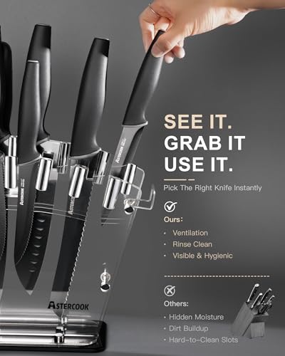 Image of Astercook Knife Set with Clear Block and Sharpener 22Pcs Black | Dishwasher Safe, Space-Saving Clear Knife Block, for Everyday Home Cooking
