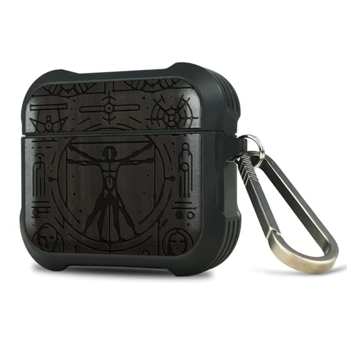 Carveit Custodia in Legno Compatibile con AirPods 4 (2024) Gen Case, Cover Protettiva in Antiurto per Apple AirPods 4 Gen con titanio Moschettone (Legno nero-Uomo Vitruviano)