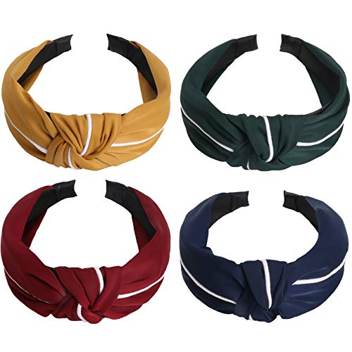 FAELBATY 4 Pieces Headbands for Women Knotted Headbands Wide Cloth Headbands for Women Cute Hairbands Fashion Headband for Women and Girls hair (red,yellow,blue,green)