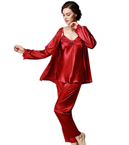 Foucome Women's Long Sleeves Pajama Sets Satin Silk Lace Stitching Pyjamas with Belt Three Piece Set Wine Red Medium - Tag XXXL