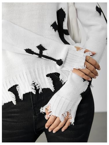 Image of BEAUDRM Women's Graphic Sweaters V Neck Long Sleeve Distressed Sweaters Raw Hem Knitted Pullover Top White Medium