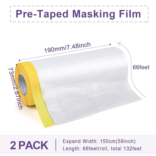 Image of BOMEI PACK Pre-Taped Masking Film, 59inch x 66Feet Tape and Drape for Automotive Painting Covering, Two Rolls, Total 132Feet