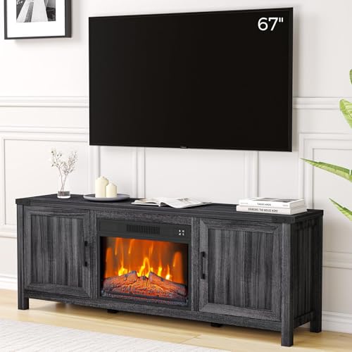 67" Fireplace TV Stand with 23" Electric Fireplace, Modern Double Door TV Console Entertainment Center for TV Up to 67" with Storage Cabinets, 3D Flame Effect, Remote Control