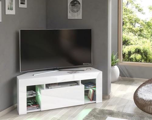 Furneo White Corner TV Stand 125cm Unit Cabinet Matt & High Gloss Milano05 RGB (multicoloured) LED Lights