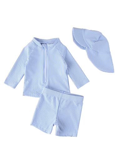 JiAmy Badeanzug Jungen Baby Kleinkinder UV Kleidung Kinder Schutz Einteiliger Schwimmanzug Bademode Badebekleidung Schutzkleidung mit Sonnenhut Blau 1-2 Jahre
