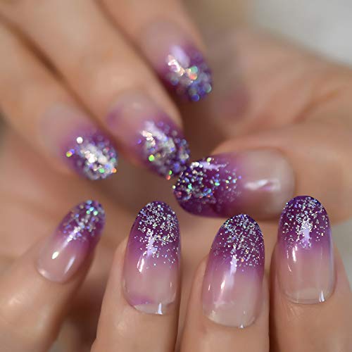 Charming Purple False Nails Bling Glitter Ombre Oval Clear Gel Nails Designed Nail Art Tips 24 Count