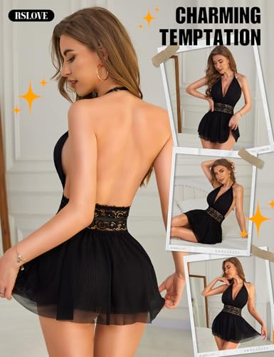 RSLOVE Women's Lingerie Lace Babydoll - Sexy Chemise with Halter Neck Backless Mesh Nightgown Spaghetti Straps Sleepwear3