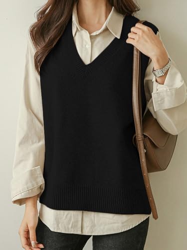Image of Wowcarbazole Womens V Neck Sweater Vest Casual Ribbed Knitted Sleeveless Trendy Pullover Tank Tops Fall