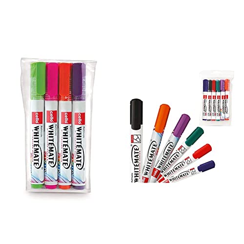 Image of Cello Whitemate Vivid Whiteboard Marker (4 Vivid Ink Colors - Orange, Magenta, Violet, Lime) | Stati Whitemate Whiteboard Markers - Set Of 6 (Multicolored)