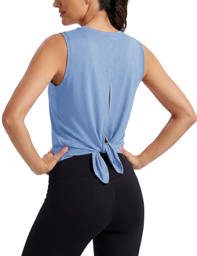 Image of MAGCOMSEN Workout Tank Tops Woman Summer Open Back Yoga Athletic Shirts Sleeveless Tie Back Loose Fit Gym Muscle Tank