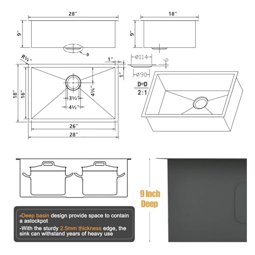 Image of 28 x 18 Undermount Kitchen Sink, 28 Inch Stainless Steel 16 Gauge Single Bowl 9 Inch Deep Basin Commercial Outdoor Kitchen Sink with Strainer