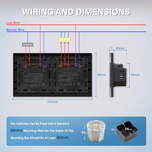 BSEED WIFI 3 Fach 1 Weg Lichtschalter mit Smart Vorhang Schalter Fernbedienung Compatibel mit Google Home und Alexa Neutrale Leitung Ben&ouml;tigt, Schwarz
