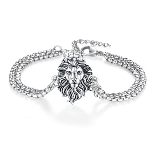 Cuoka Lion Bracelets 925 Sterling Silver Punk Rock Gothic Punk Norse Vintage Viking Oxidized Lion Head Bracelet Norse Viking Wristband Heavy Jewelery for Women Men Girlfriend Mom (Round)