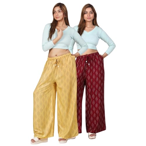 Image of Women's Cotton Rayon Flair Printed Pocket Regular Palazzo Pack of 2