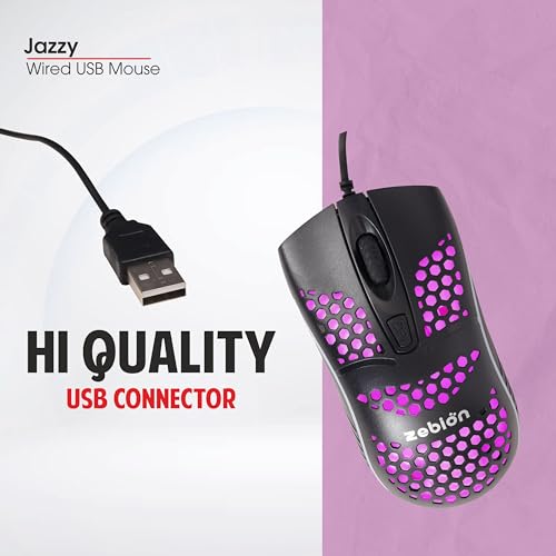 Image of Zebion Jazzy Wired Gaming Mouse with Honeycomb Design, RGB Led Lights, Adjustable DPI 800 /1000 /1800, Lightweight and Ergonomic Design with Comfortable Feel, 1 Year Warranty, Black Color