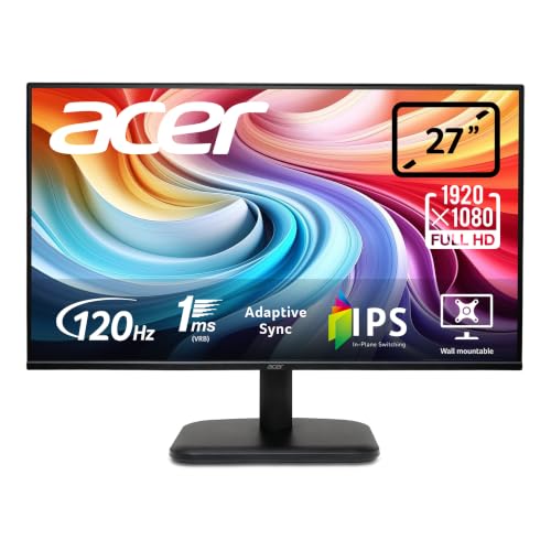 Acer EK271Gbif Monitor PC 27", Display IPS Full HD, 120 Hz, 1ms (VRB), 16:9, AdaptiveSync, VGA, HDMI 1.4, Lum 250 nits, Schermo PC con Contrasto 100M:1, ZeroFrame, Cavo HDMI Incluso, Nero