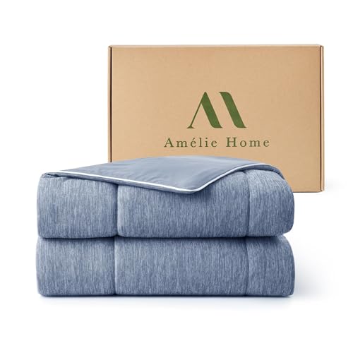 Amélie Home Cooling Comforter Queen Size, Dual-Sided Lightweight Cooling Blanket for Hot Sleepers, Q-Max 0.43 Breathable Cooling Quilt for Night Sweats, 90" x 90", Heather Denim Blue