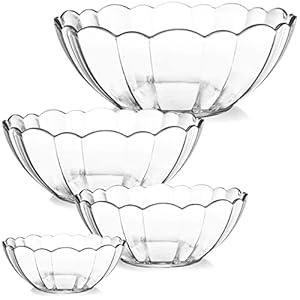 DEAYOU 4 Pack Clear Serving Bowls, Acrylic Salad Mixing Bowls, Party Snack or Chip Bowl, Break-Resistant Disposable Catering Bowls Punch Bowl for Entertain, Fruit, Vegies, 4 Sizes, Flower-Shape