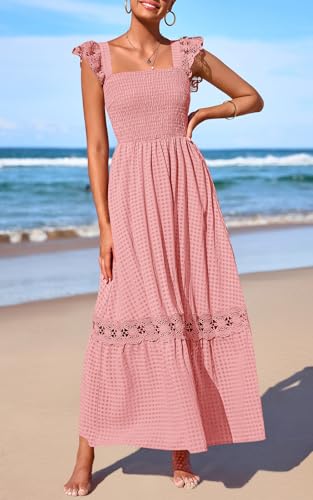 Image of PRETTYGARDEN Women's Smocked Summer Maxi Dresses 2026 Ruffle Cap Sleeve Square Neck Lace Detail Flowy Sundress with Pockets
