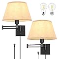 TRLIFE Dimmable Wall Sconce Plug in, Wall Sconces Set of Two Swing Arm Wall Lights with Plug in Cord and On/Off Dimmer Rotary Switch, 11.8" Large Beige Fabric Shade(2 Pack, 2 Bulbs Included)