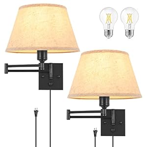 TRLIFE Dimmable Wall Sconce Plug in, Wall Sconces Set of Two Swing Arm Wall Lights with Plug in Cord and On/Off Dimmer Rotary Switch, 11.8″ Large Beige Fabric Shade(2 Pack, 2 Bulbs Included)