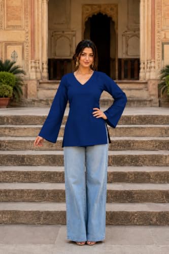 Image of Women's Cotton Short Kurti Black Solid Plain V Neck Full Bell Sleeve Casual Stylish Short Kurta for Women for Jeans Daily Girl Top