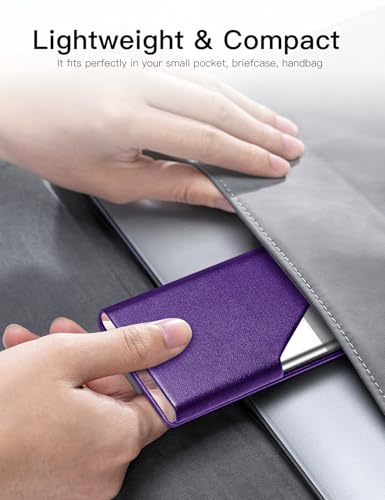Image of Padike Business Card Holder, Upgraded Leather Business Card Case Pocket Card Holders for Men or Women, Metal Slim Name Card Holder RFID Blocking Business Card Carrier with Magnetic Closure(Purple)