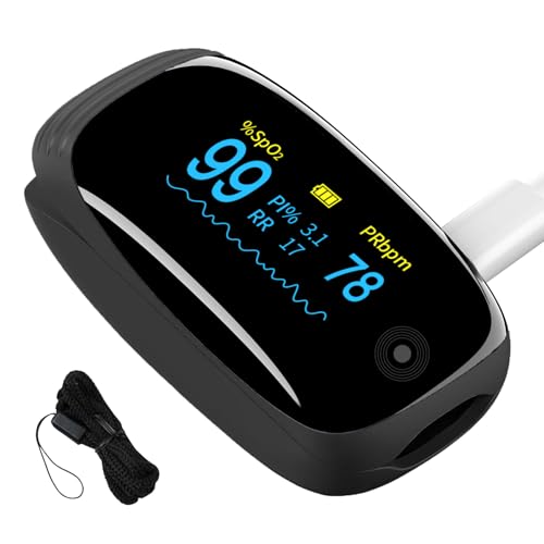 Fingertip Pulse Oximeter with Respiration Rate & Respiratory Monitoring SpO2, Heart Rate, PI & RR Measurements, Blood oximeter Rechargeable 6 Display Modes & 4-Way Rotatable Screen for Home & Sports Use(Black)