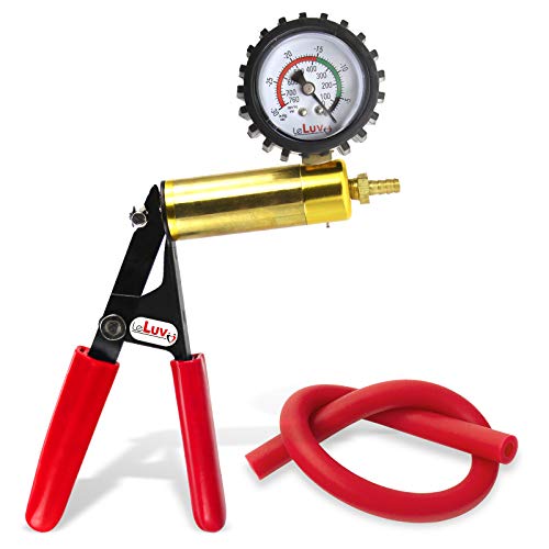 LeLuv Ultima Red Vacuum Pump - Aluminum Alloy &amp; Brass Handle Manual Hand Vacuum (0-30 Hg, 0-760 mmHg), Gauge Installed with Protective Rubber Cover, Rubber Padded Grips with Silicone Hose