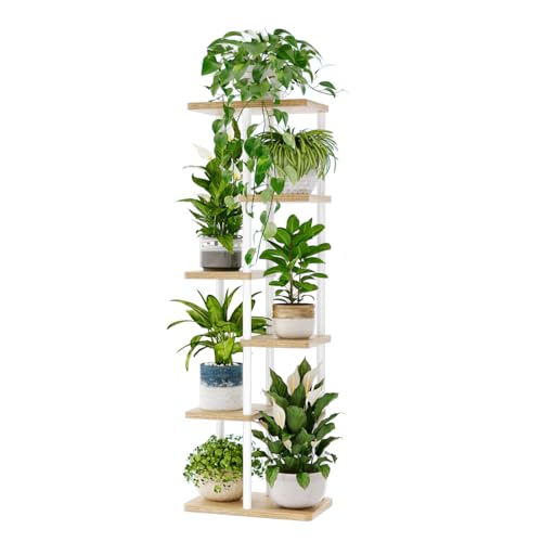 Bamworld Soporte alto para plantas de interior de 6 niveles para múltiples plantas, soportes para macetas escalonadas para patio, jardín, balcón, sala de estar, dormitorio, color blanco
