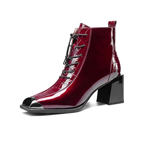 TinaCus Women's Patent Leather Handmade Square Cap-Toe Mid Chunky Heel Side Zipper Ankle Boots with Band