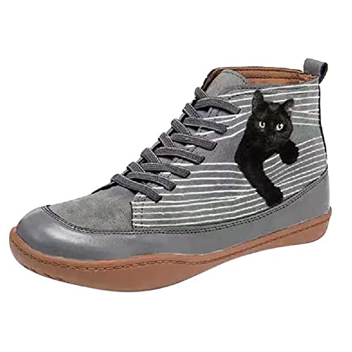 YSMIIH Women Ankle Boots Flat Bottom High-top Printing Cat Warm