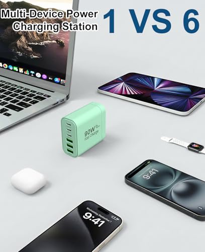 Image of 90W GaN USB C Charger Block,6-Port USB C Wall Charger Fast Charging 45W PD Power Adapter for iPhone 17Pro Max /Samsung Galaxy S24 Ultra /Tabs /MacBook Air /iPad Pro for Home Travel (Green, One)