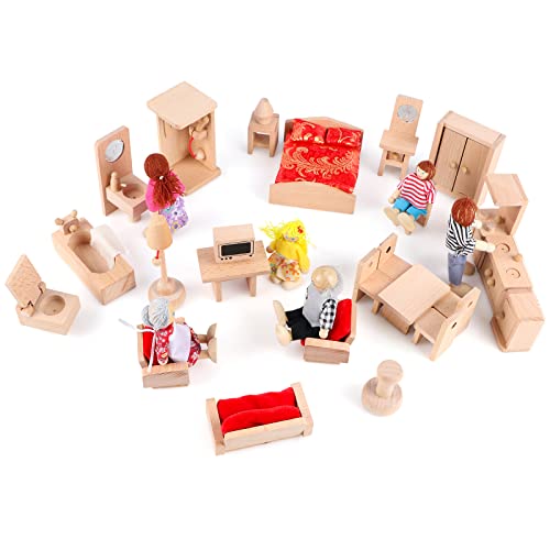 FOPNETS 5 Set Dollhouse Furniture 32 PCS Dollhouse Accessories Natural Wooden Bathroom/ Living Room/ Dining Room/ Bedroom/ Kitchen House Pretend Play Kids Toys for Girls