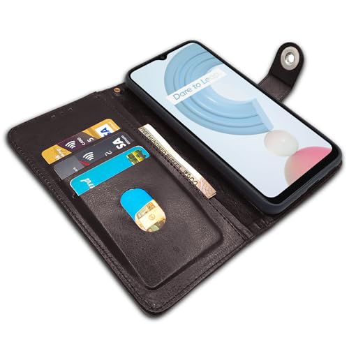 Image of Pikkme Realme C21y Flip Cover Leather Finish | Inside TPU with Card Pockets | Wallet Stand and Shock Proof | Complete Protection Button Flip Case (Coffee)