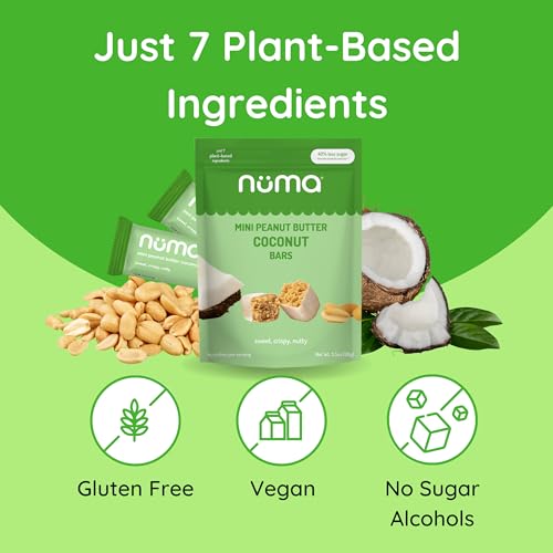 Image of Numa Foods Mini Coconut Peanut Butter Bars - Vegan, Low Sugar, High Protein, All Natural, Gluten Free - Crunchy Plant Based Peanut Butter Snacks - 3 Bags with 8 Individually Wrapped Protein Bars