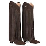 Mattiventon Brown Knee High Boots for Women Fashion Fringe Boots with Square Toe Chunky Heel Pull On Suede Tall Boot for Party Dating 2025