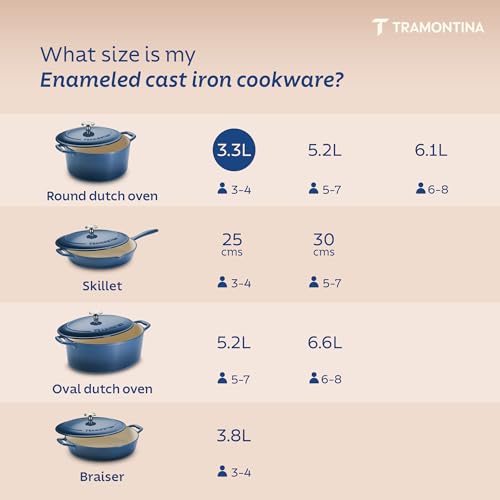 Image of TRAMONTINA Bestow Round Dutch Oven 3.3L with Lid | Enameled Cast Iron Casserole Pot & Biryani Pot | Even Heat Retention | Low Oil Healthy Cooking | No Seasoning Required | All Cooktops Compatible | Blue