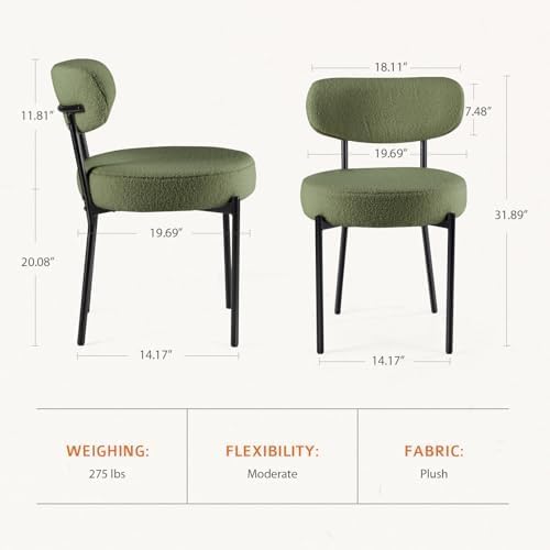 dumos dining chairs set of 2, mid century modern chair round upholstered curved backrest, kitchen vanity living room chairs with black metal legs, green green set of 2