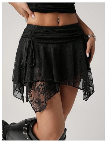 Verdusa Women's Floral Lace Ruched Drawstring Skirt Y2K Asymmetrical Layered Mini Skirts4