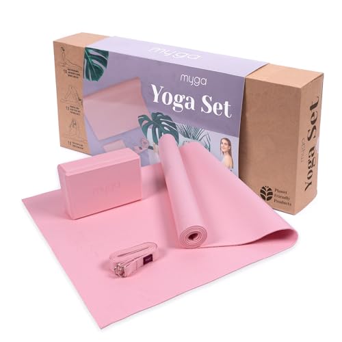 Myga Yoga Starter Kit | Komplettes Set mit Yogamatte, Yogablock & Gurt | rutschfest & Unterstützend | Ideal für Anfänger & Zuhause sowie Reisen | Rosa